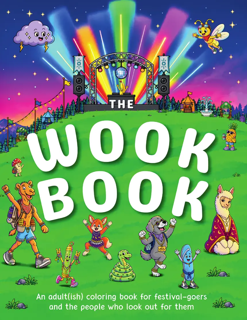 The Wook Book cover: festival characters dancing in a green meadow under a rainbow stage at dusk