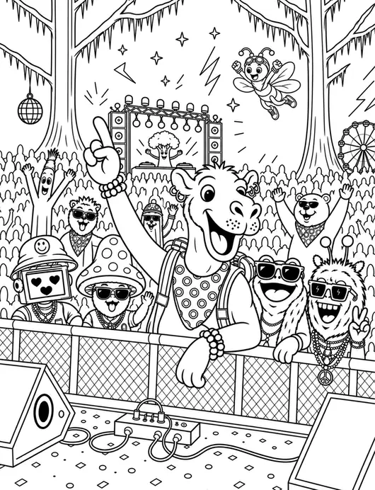Coloring page: a happy camel with one arm raised leads a cheering crowd of festival characters at the front barricade of a night stage