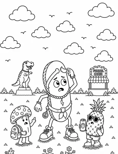 Coloring page: a dejected flip-flop character in a field near a T-rex statue and a funnel cake stand